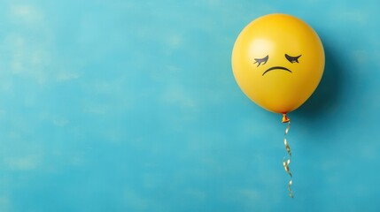 Fototapeta premium A sad yellow balloon with a frown on a blue background, perfect for conveying feelings of disappointment or sadness in creative projects, presentations, or social media related to emotional themes,