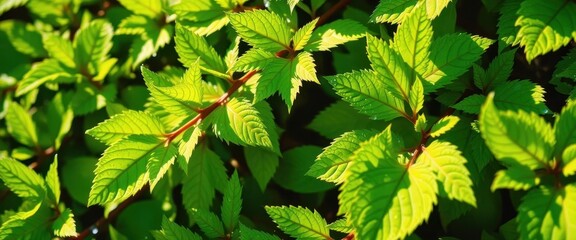 Vibrant emerald leaves, dew-kissed, sunlight dappled,  tropical,  macro