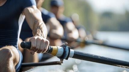 Close-up of a rowing team synchronizing their strokes
