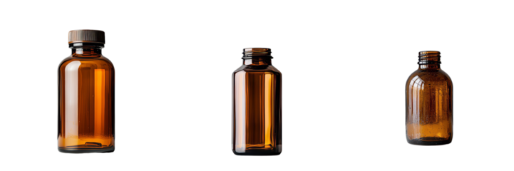 On a transparent background, an empty amber glass bottle without a cap is showcased, generated by Ai for potential use in pharmaceuticals or cosmetics
