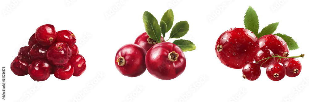 Poster realistic cranberry fruits accompanied by green leaves are depicted in isolation on a transparent ba