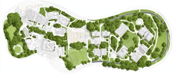 Campus Landscape Plan, Lush Green Spaces,  Modern Buildings