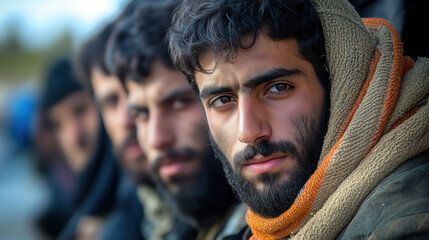 Fototapeta premium Portrait of Middle Eastern refugee man with intense gaze, wearing hooded jacket, symbolizing resilience and struggle on World Refugee Day