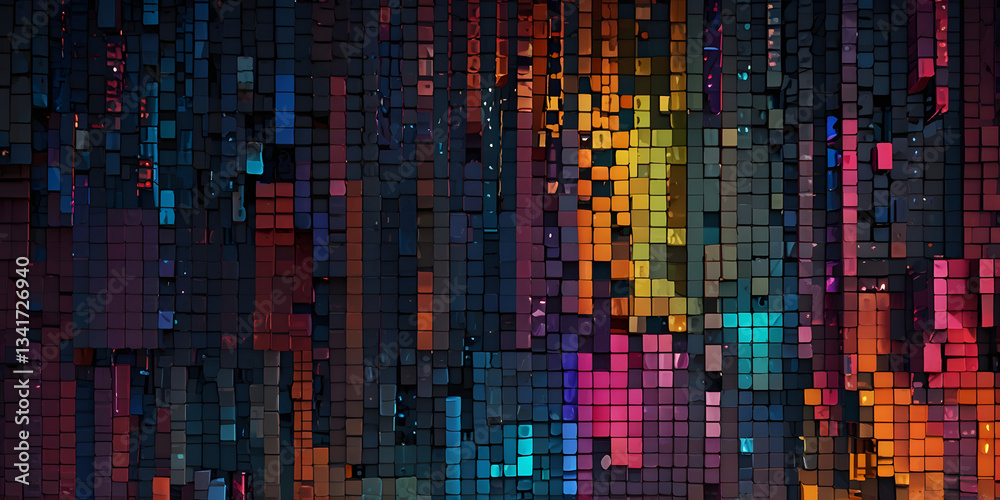 Poster digital mosaic: an abstract digital mosaic composed of vibrant squares and rectangles of varying siz