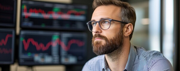 A focused man analyzes financial data on multiple screens, showcasing a professional environment in finance or trading.