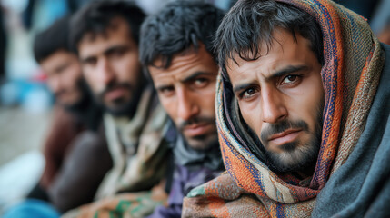 Fototapeta premium Portrait of Middle Eastern refugee man with intense gaze, wearing hooded jacket, symbolizing resilience and struggle on World Refugee Day