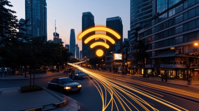 A cityscape at dusk featuring a Wi-Fi symbol with light trails from moving cars, showcasing urban connectivity. - Powered by Adobe