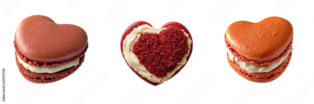 Poster a realistic heart-shaped cookie, made from red velvet and filled with creamy white frosting, display