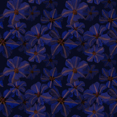 Watercolor drawn clematis plant in seamless pattern. Blue and neon pink flowers background. Design for fabric, surfaces, covers, textile, packaging, bed sheets. Pattern in modern floral theme.