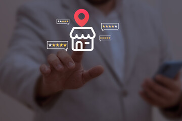 Local business review and rating system. Person interacting with a digital storefront icon and customer feedback, representing online reputation, service quality, and consumer trust in e-commerce.