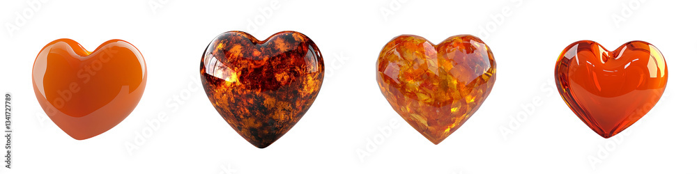 Poster a realistic outline of a caramel heart, smooth and glossy in texture with a golden amber hue, is sho