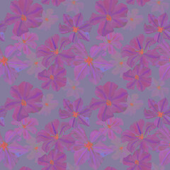 Watercolor drawn clematis plant in seamless pattern. Blue and neon pink flowers background. Design for fabric, surfaces, covers, textile, packaging, bed sheets. Pattern in modern floral theme.