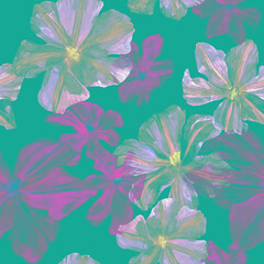 Watercolor drawn clematis plant in seamless pattern. Blue and neon pink flowers background. Design for fabric, surfaces, covers, textile, packaging, bed sheets. Pattern in modern floral theme.