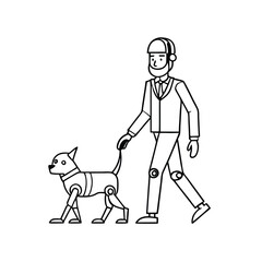 Futuristic Man Walking Robotic Dog – Sci-Fi Icon, Alpha Male, Holographic Interface, 2025