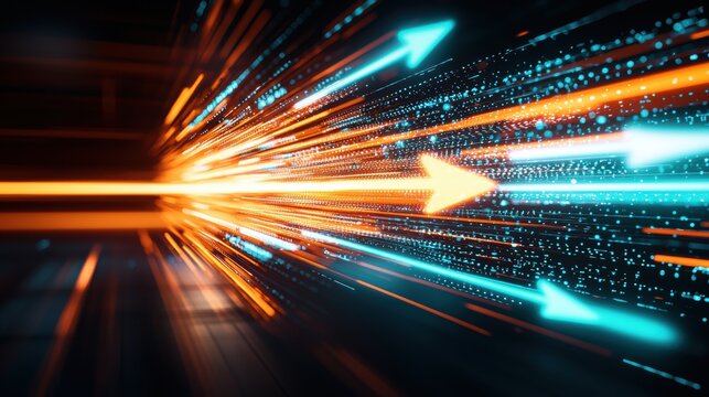 Dynamic abstract image depicting speed with glowing arrows and streaks of light in contrasting colors, conveying motion and energy.