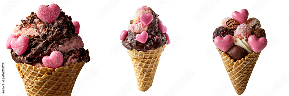 Poster Isolated on a transparent background is a realistic ice cream cone with a scoop coated in chocolate, adorned with heart-shaped sprinkles, nestled in a crispy waffle cone, and topped with a glossy