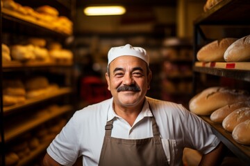 Portrait of a middle aged Hispanic worker in bakery