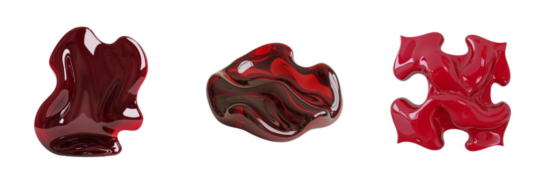 The image depicts a realistic red liquid splash, akin to paint or syrup, with a glossy sheen and irregular contours, positioned on a transparent background