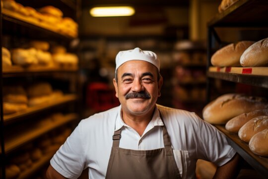 Portrait of a middle aged Hispanic worker in bakery