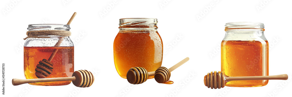 Poster A glass jar filled with golden honey is sealed with a rustic paper lid tied with string and presented on a transparent background, creating a realistic image