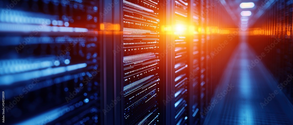 Poster high-tech data center with illuminated server racks in a futuristic environment, showcasing advanced