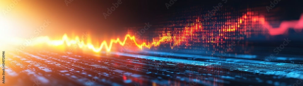 Poster abstract digital artwork depicting vibrant sound waves and data visualizations, blending colors and 