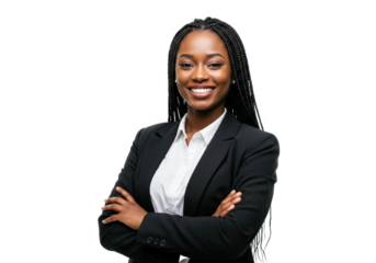 Happy black woman smiling confidently, arms crossed isolated on White background