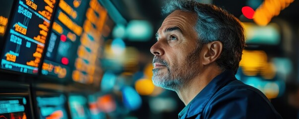 Obraz premium A focused man observes digital screens displaying data, highlighting a serious atmosphere in a high-tech environment.