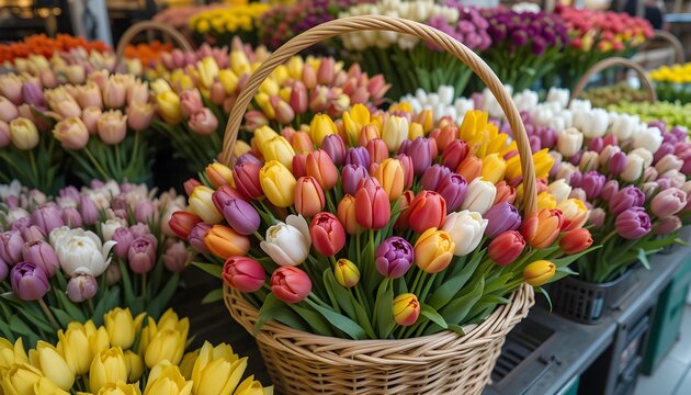 Vibrant Easter basket filled with colorful eggs and soft yellow tulips, celebrating the freshness of spring.
