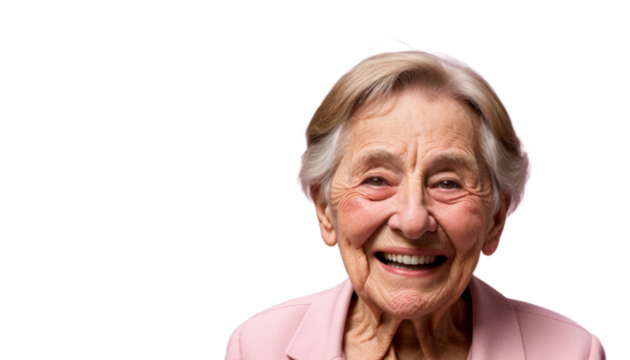 Smiling elderly woman with gray hair wearing pink attire in cheerful mood