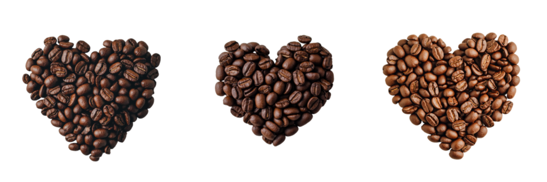 A heart shape crafted from roasted coffee beans is depicted in a realistic manner, boasting rich brown tones and detailed textures, isolated on a transparent background