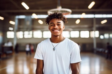 Fototapeta premium Smiling portrait of a teenage male African American basketball player wearing a white t shirt in an indoor basketball gym