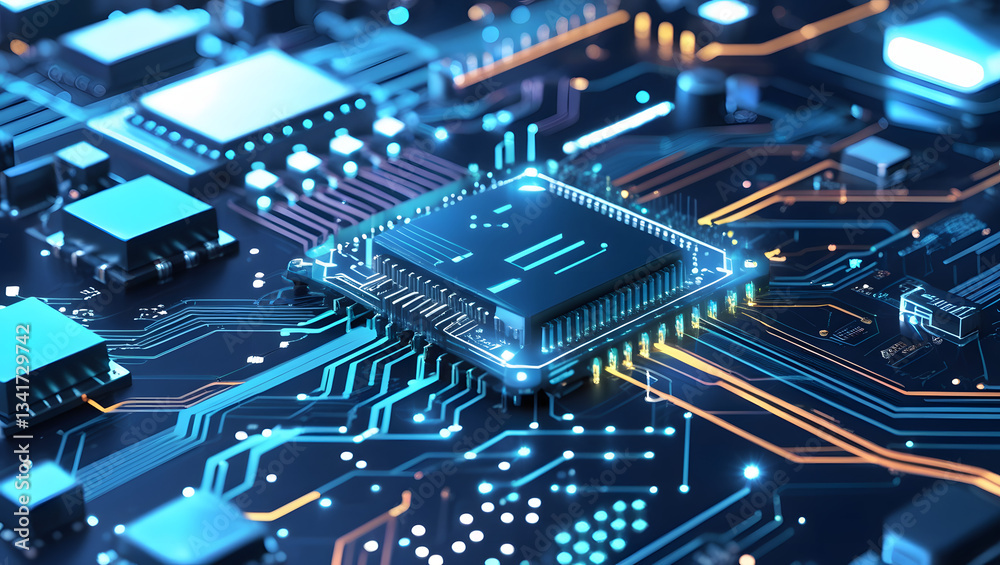 Poster technology's core: an intricately designed circuit board showcasing the digital era's complexity, fe