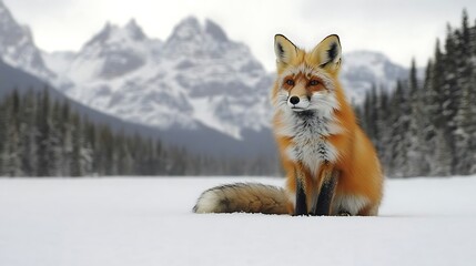 Obraz premium Red fox sitting in snowy landscape with mountains.