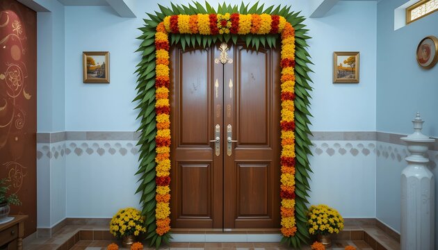 Traditional Indian marriage and festival door adornment with mango leaves and marigold flowers
