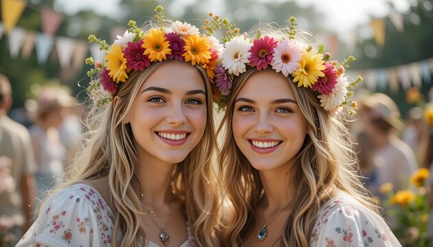 Twin sisters in floral serenity, symbolizing pure beauty, ideal for fashion and lifestyle editorials, horizontal orientation,
