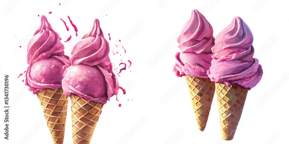 Poster a realistic depiction of two pink ice cream scoops in waffle cones presents a creamy and delicious f
