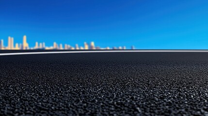 A scenic view of an empty road leading towards a vibrant city skyline under a clear sky.