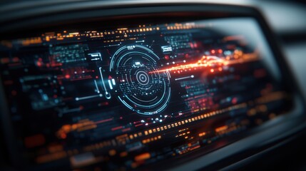 Close-up of a futuristic digital display with a vibrant orange-red energy beam emerging from a central within a glowing circular interface