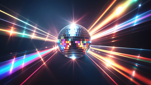 Disco Ball Extravaganza: A sparkling disco ball surrounded by vibrant, colorful light trails, symbolizing music, dance, and celebration, creates a dazzling and dynamic visual experience.