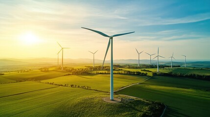 Wind turbines harnessing sustainable energy in scenic green landscape at sunset