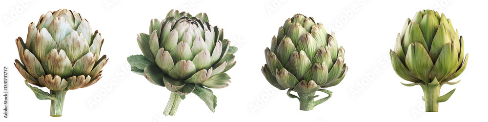Poster Isolated on a transparent background are two fresh artichokes with distinctive layered leaves and substantial stems