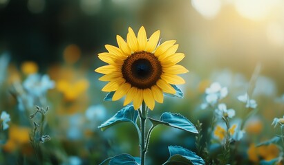 Sunflower Blooming in Golden Light at Dusk in a Vibrant Field