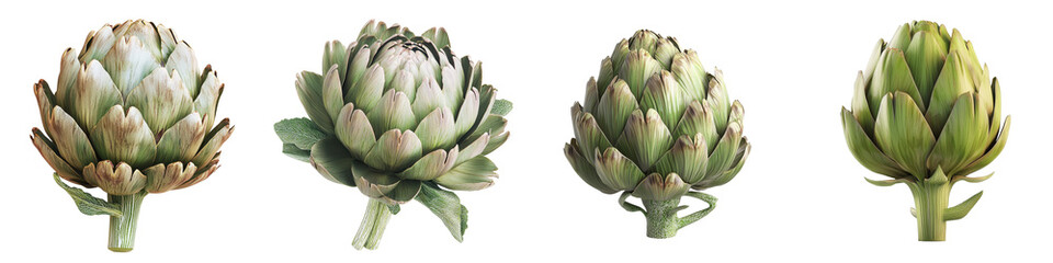 Obraz premium Isolated on a transparent background are two fresh artichokes with distinctive layered leaves and substantial stems