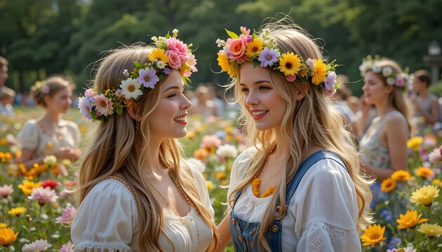 two cute teen girls in denim overalls walk in a daisy field
