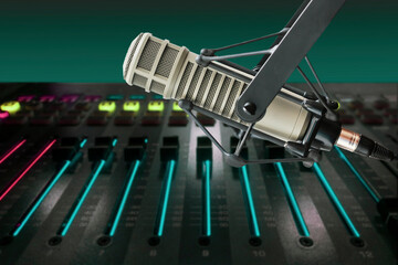 Professional microphone and sound mixer in radio station studio