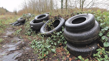 shot of a pile of used tires abandoned in a natural setting, showing the environmental damage with overgrown plants and polluted soil around them. [Used tires]:[Impact on the environment] Used 