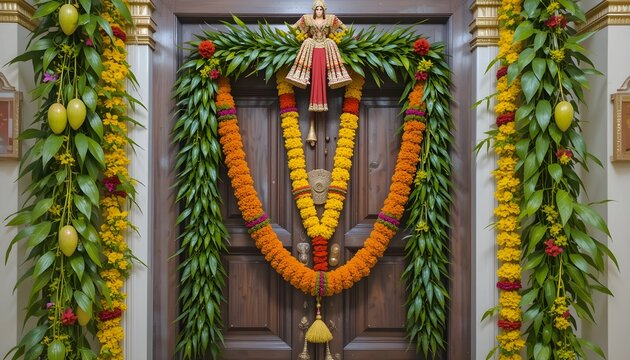 Indian flower door garland of mango leaves and marigold flowers. for marriage and festivals traditiona
