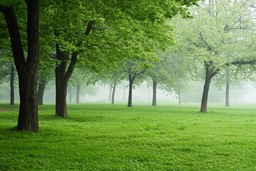 Fototapeta premium Misty Green Park: Tranquil Spring Morning