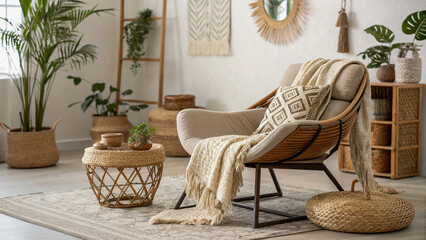 Cozy Bohemian Living Room with Rattan Chair